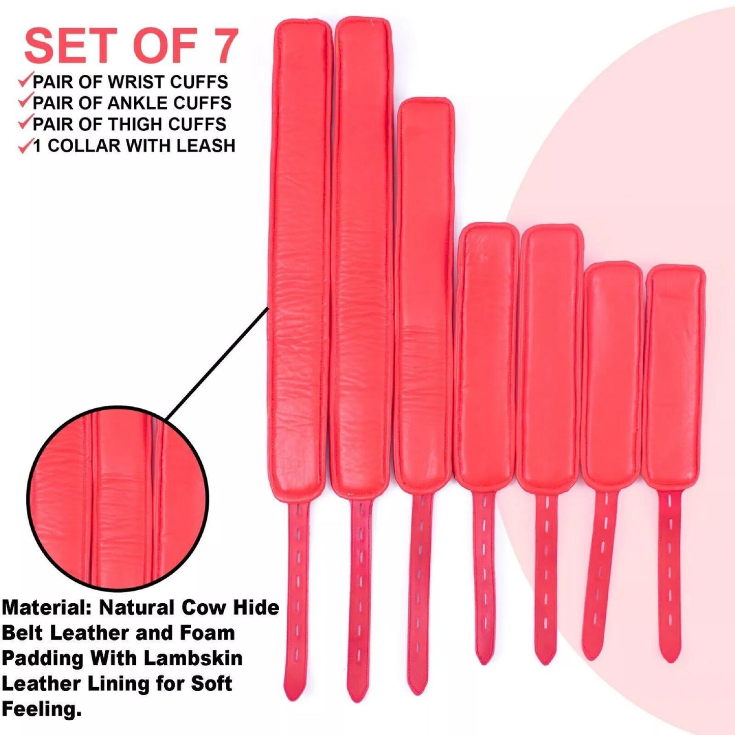 7 Piece Red Genuine Leather BD*SM Restraint Set Lockable Roller Buckles