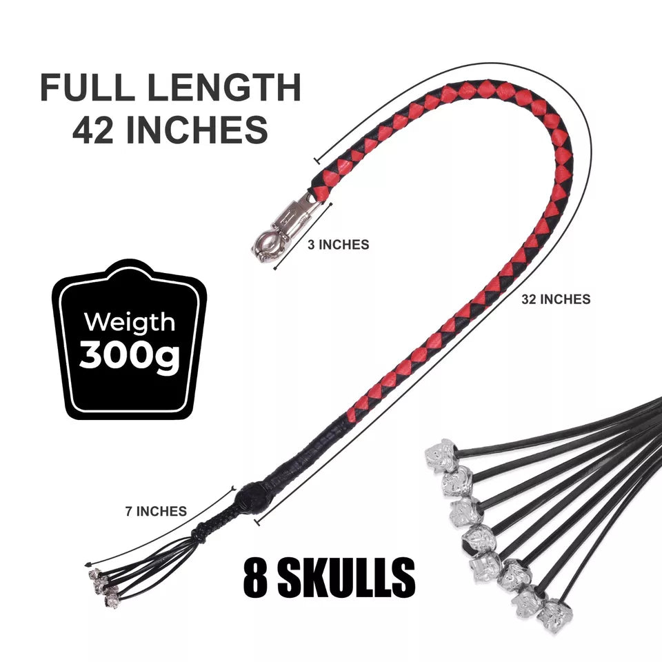 42 Red Black Skulls Leather Get Back Whip for Motorcycles