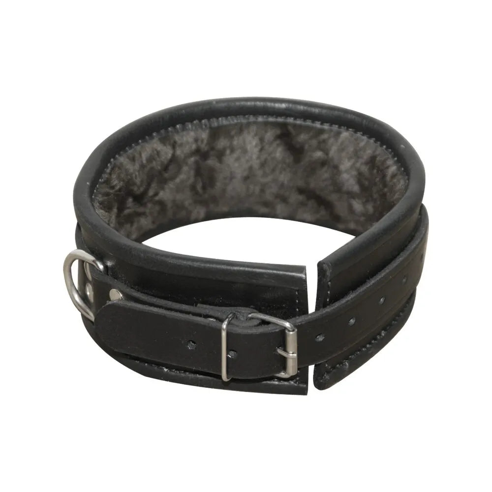 BD*SM Restraint Adjustable Leather Collar with Fur Lining D Ring Handmade