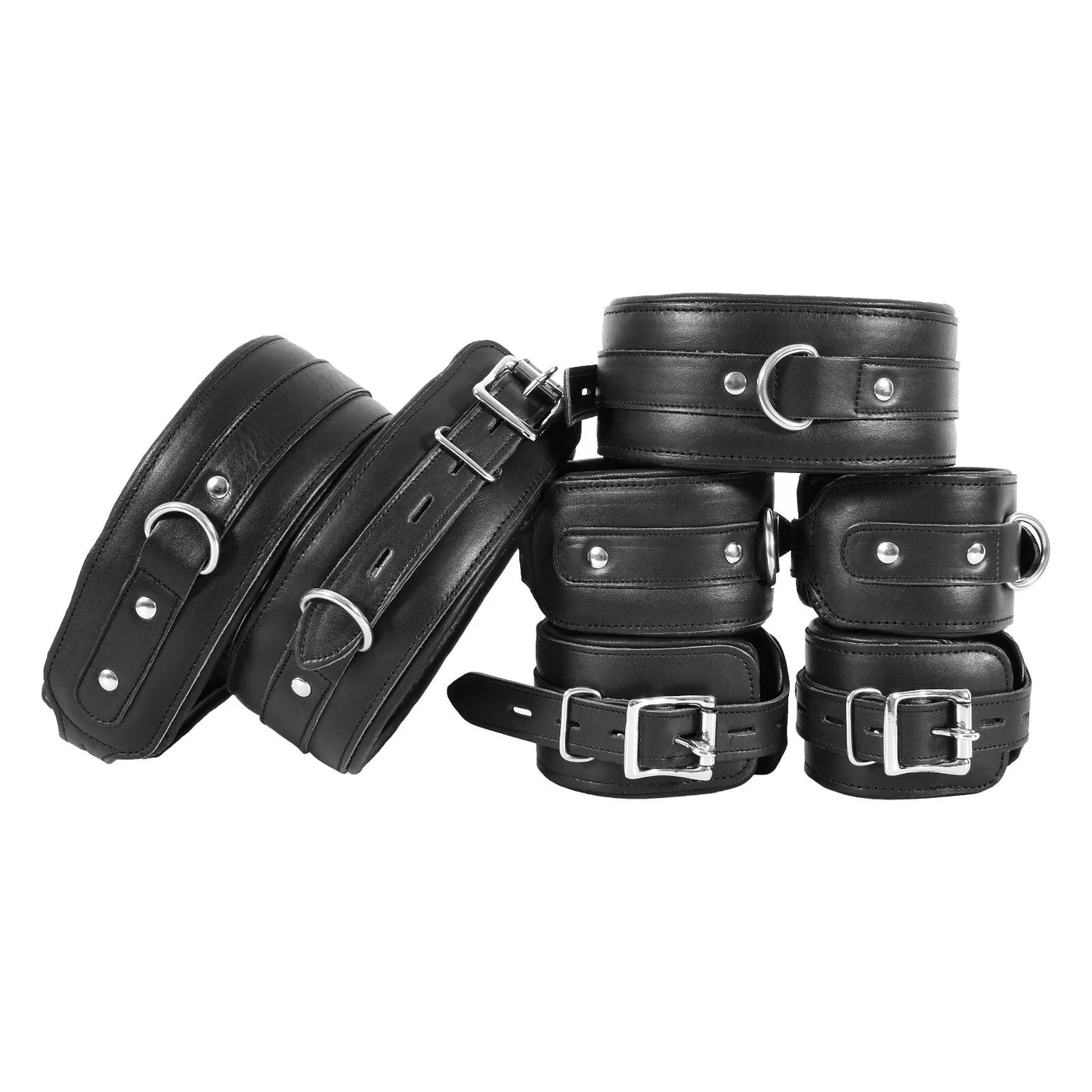 7 Piece BD*SM Genuine Cowhide Leather Restraint Set Wrist Ankle Thigh Cuffs Collar