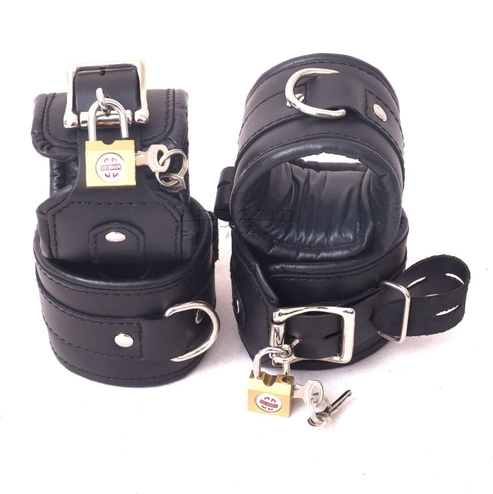 5 Piece Genuine Leather Restraint Set Padded Wrist Ankle Cuffs with Adjustable Neck Collar