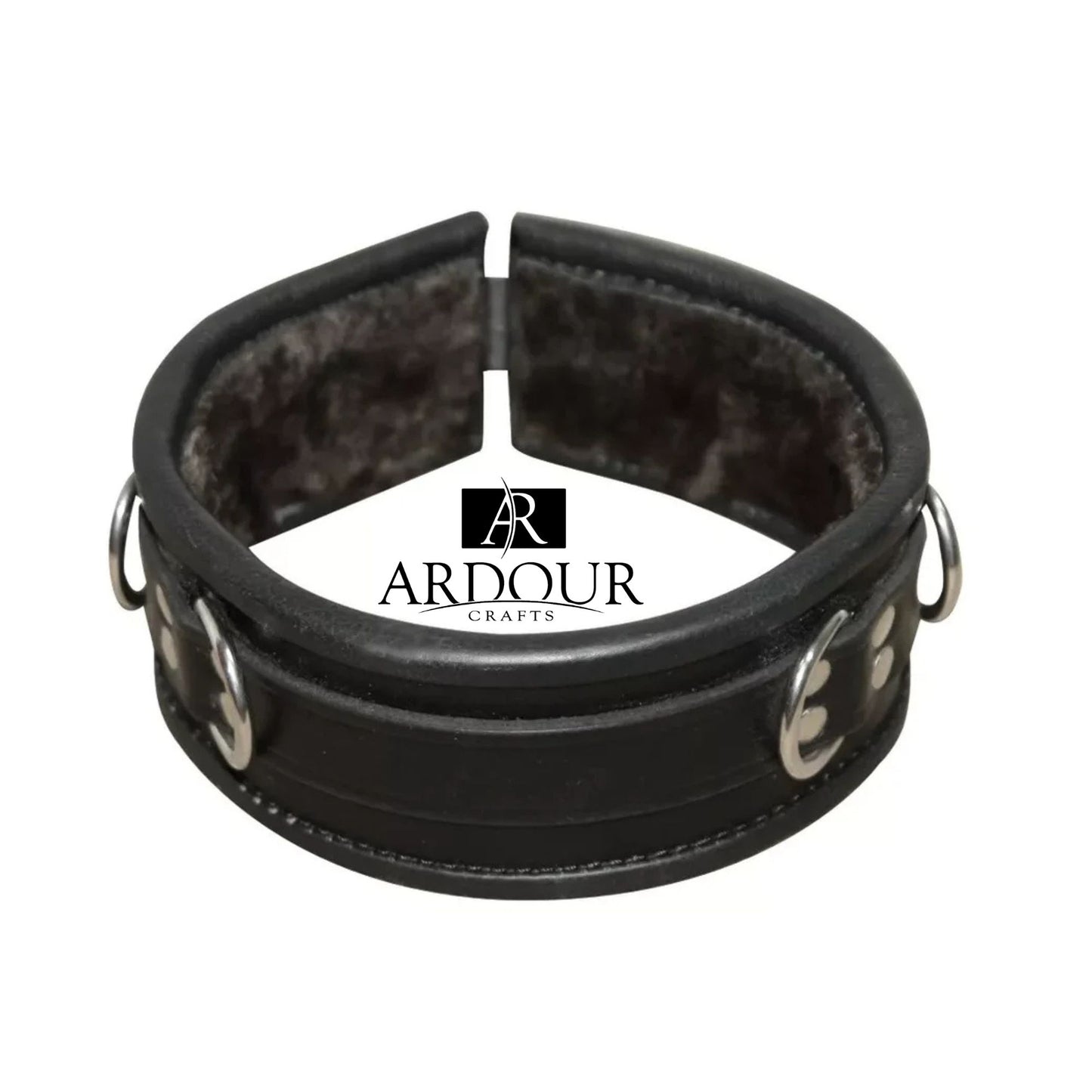 BD*SM Restraint Adjustable Leather Collar with Fur Lining D Ring Handmade
