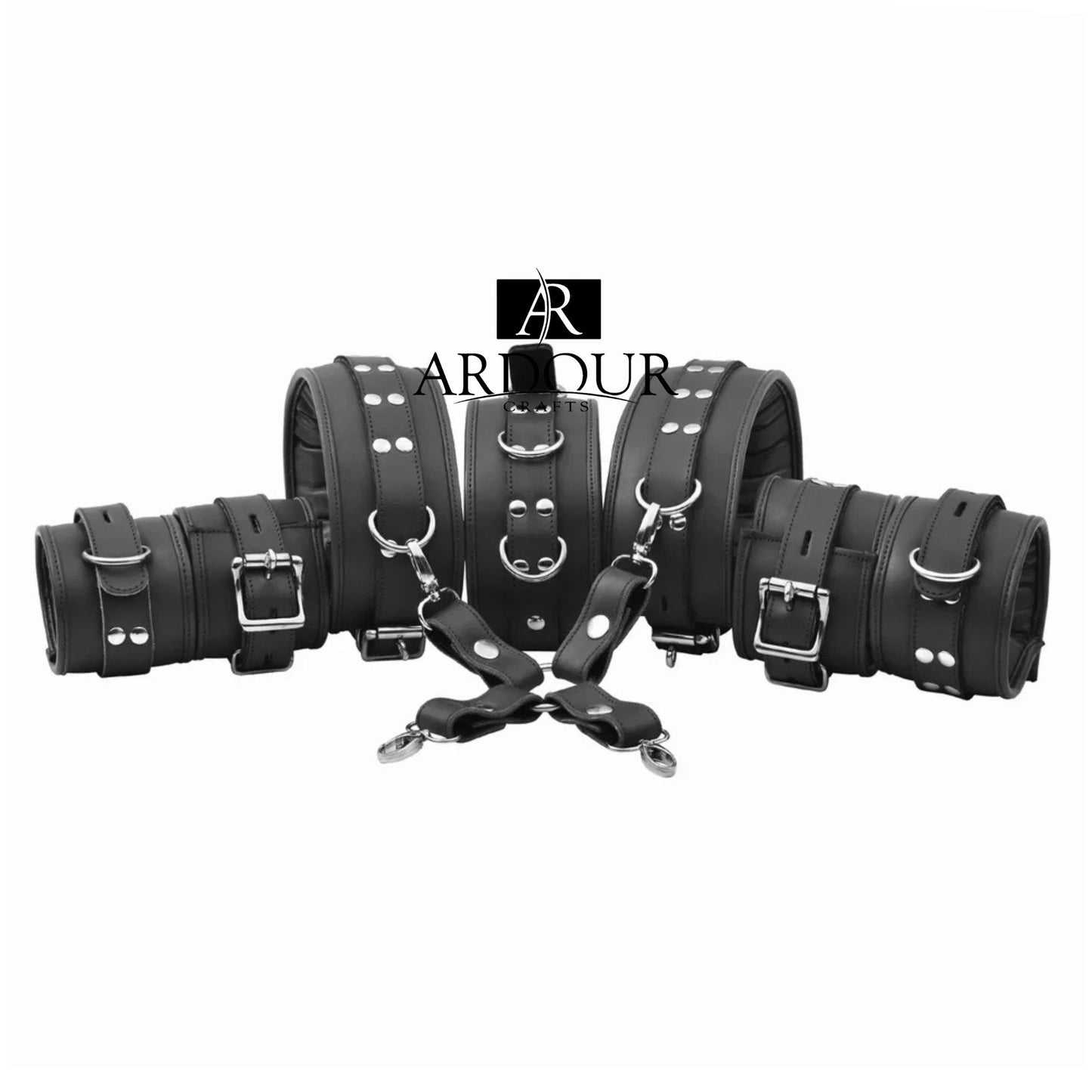 Real Leather BDSM Restraints Wrist Ankle Thigh Cuffs Handmade 7 Pieces Set