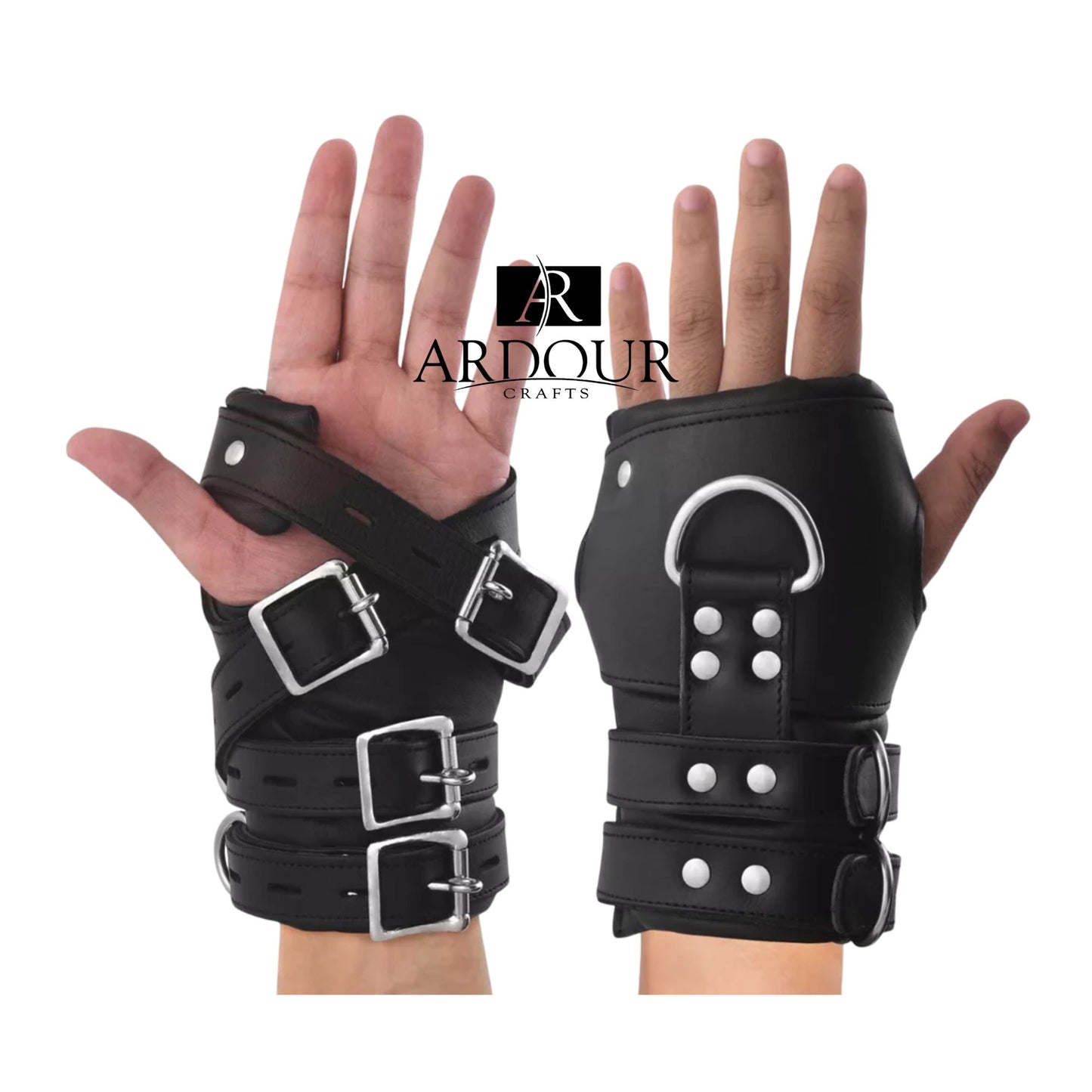 BD*SM Black Leather Wrist Cuffs Heavy Duty Padded Handmade