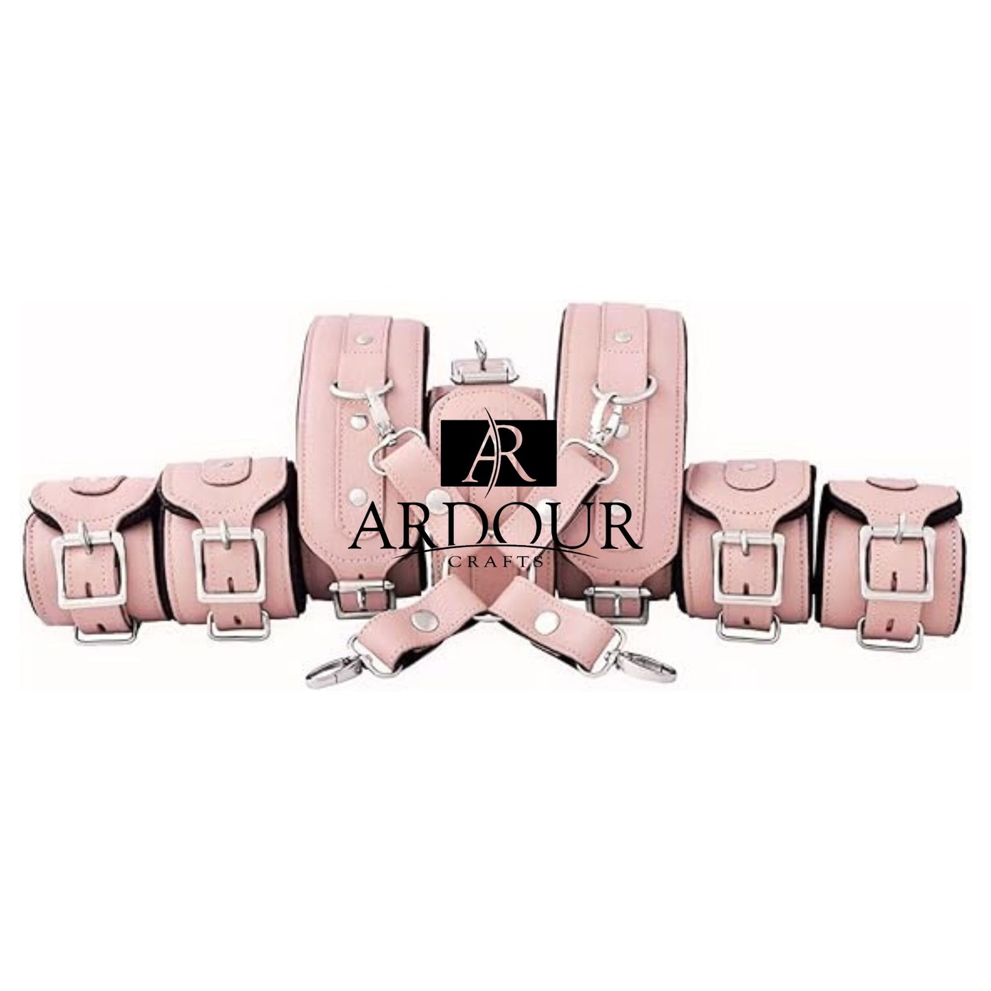 7 Piece Cowhide Leather Restraint Set Adjustable Cuffs Collar Handmade