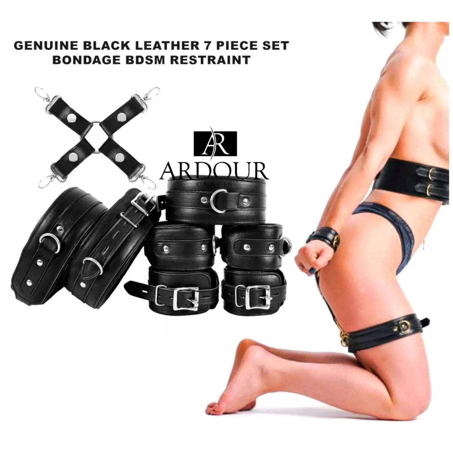 7 Piece BD*SM Genuine Cowhide Leather Restraint Set Wrist Ankle Thigh Cuffs Collar