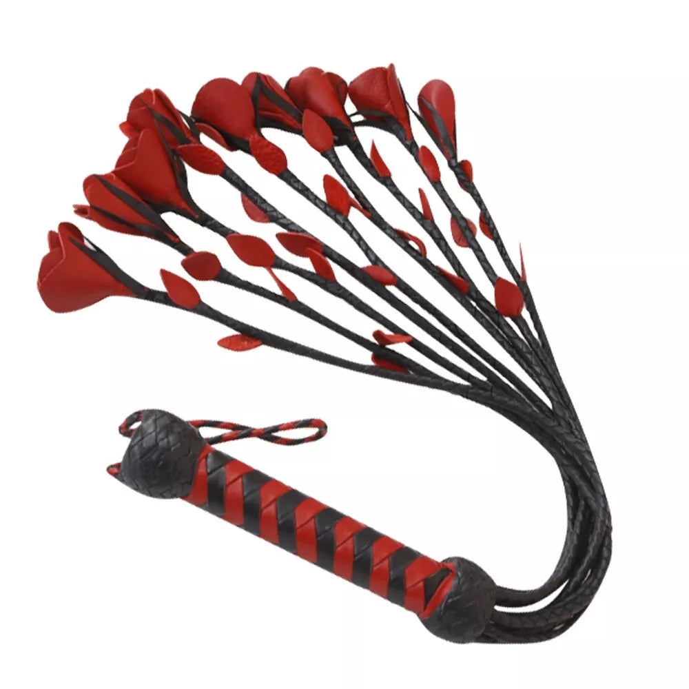 Cowhide Leather Braided Flogger with Handcrafted Red Roses Handmade