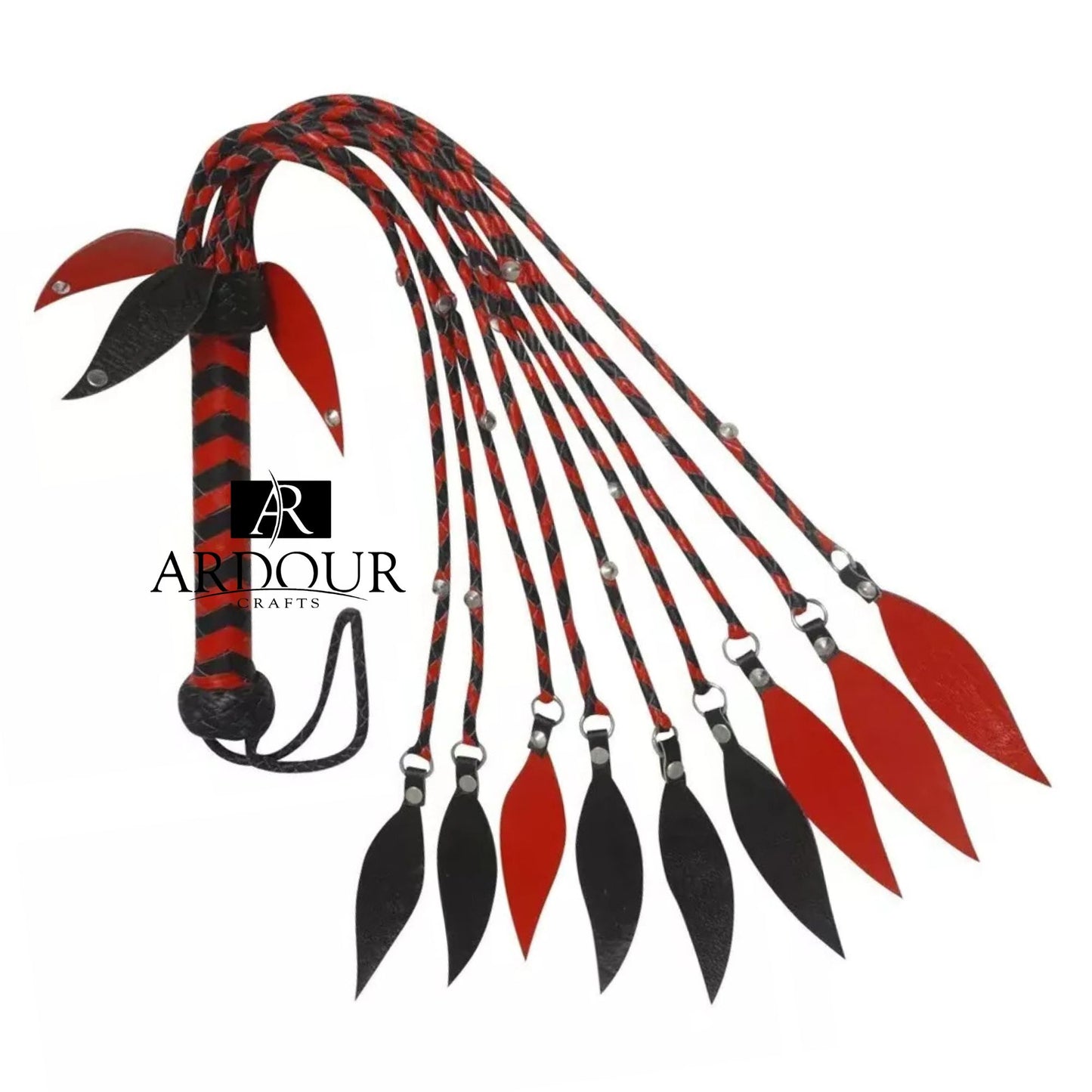 BDSM* Red Genuine Leather Flogger 9 Falls with Steel Studs Leather Handle