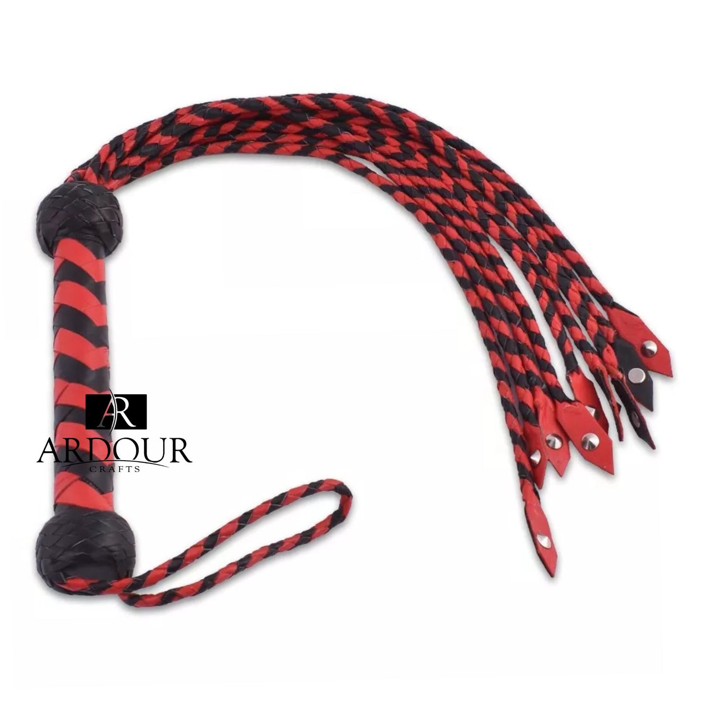 Genuine Cowhide Leather Cat O Nine Tails Braided Falls with Heavy Steel Studs Handmade