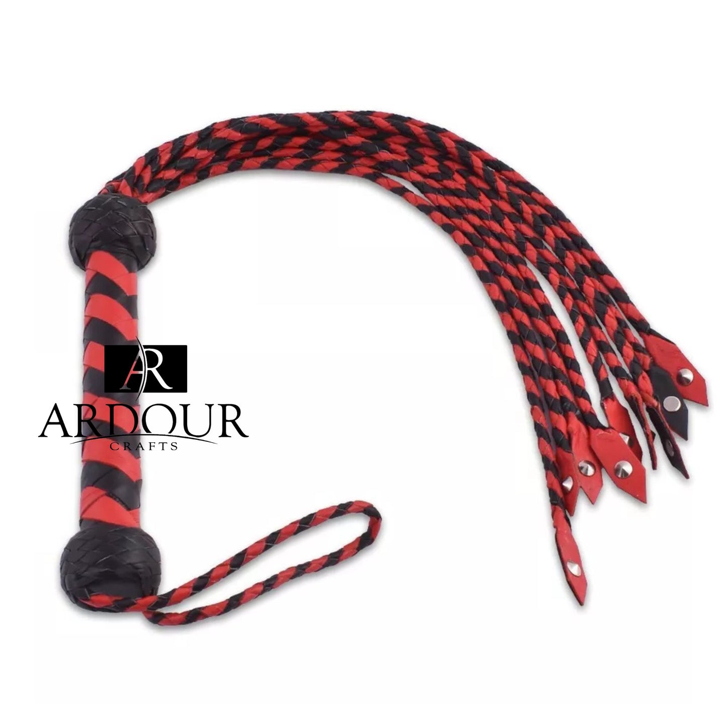 Genuine Cowhide Leather Cat O Nine Tails Braided Falls with Heavy Steel Studs Handmade