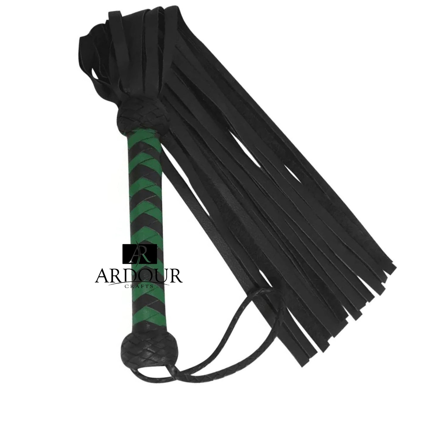 Black and Green Leather Flogger 25 Thick Tails for Deep Thud Impact Play