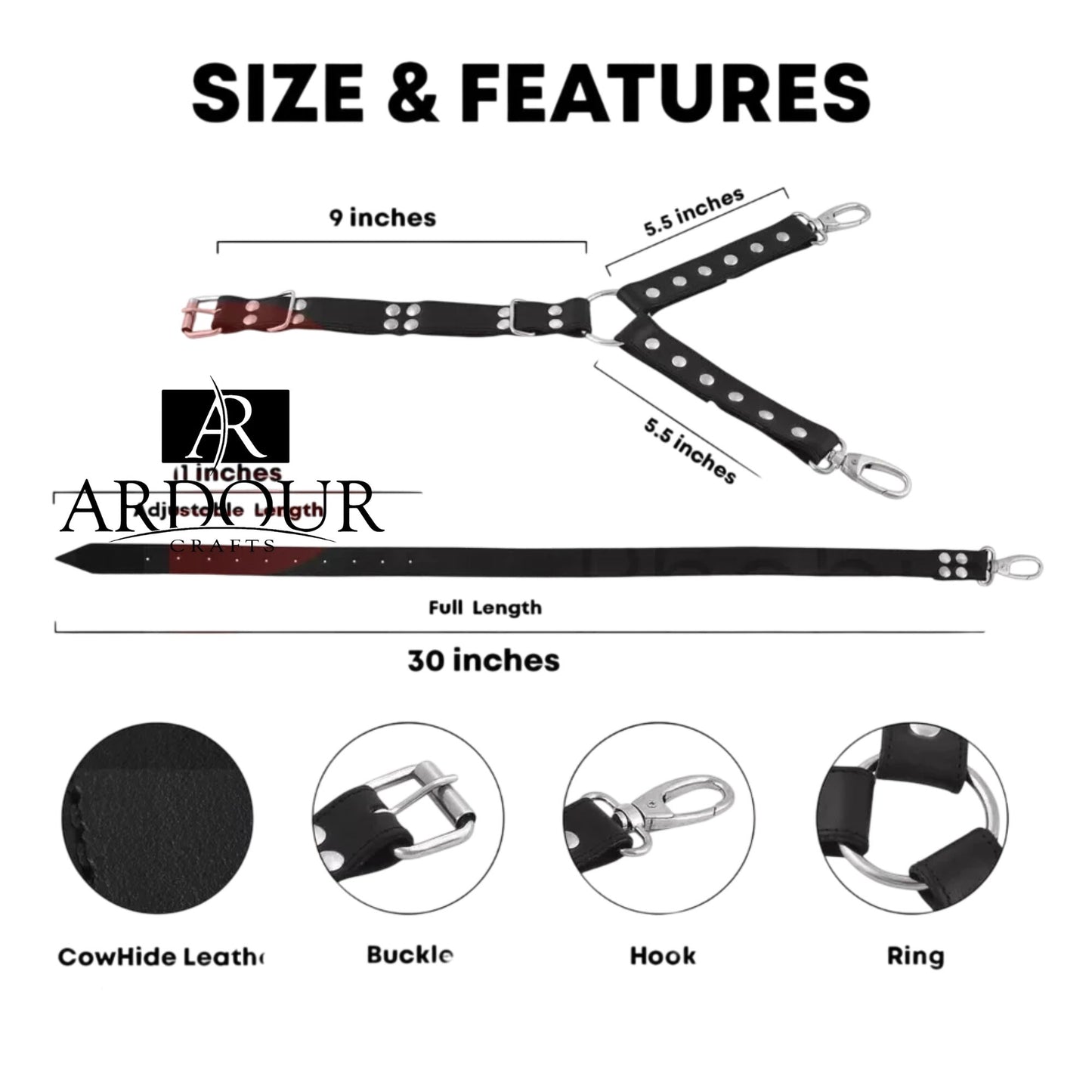 17 Cowhide Leather BDSM* Hog Tie Four Way Pin Connector with Swivel Snap Hooks