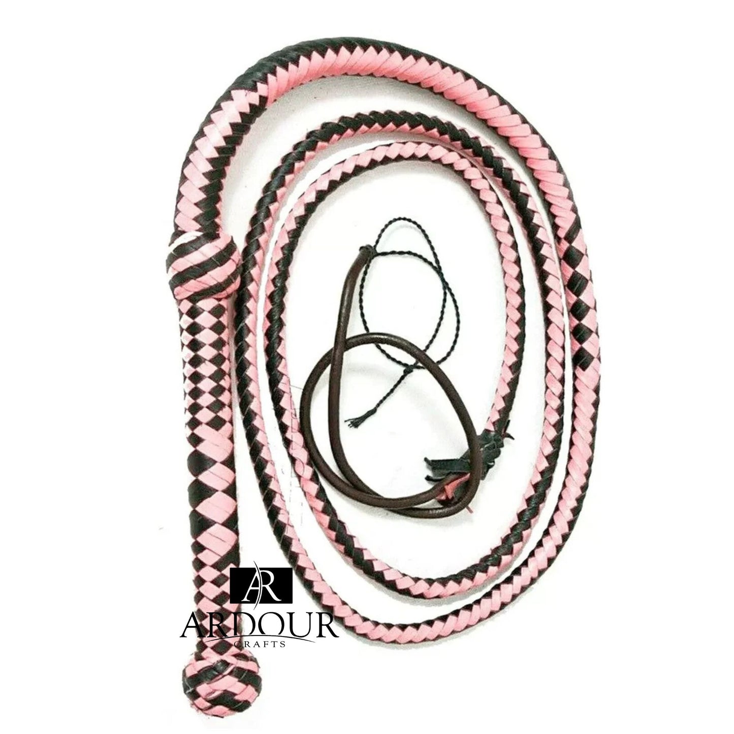 8 Feet Indiana Jones Style Genuine Leather Bullwhip 12 Plait Pink Black