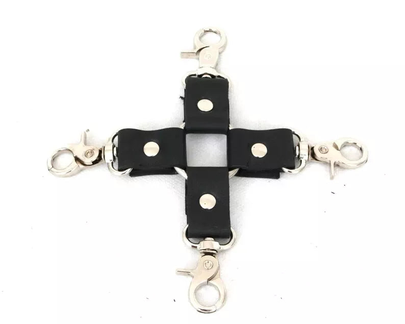 BDSM* 8" Hog Tie Four Way Pin Connector Restraint with Bondage Cuffs Snap Clips
