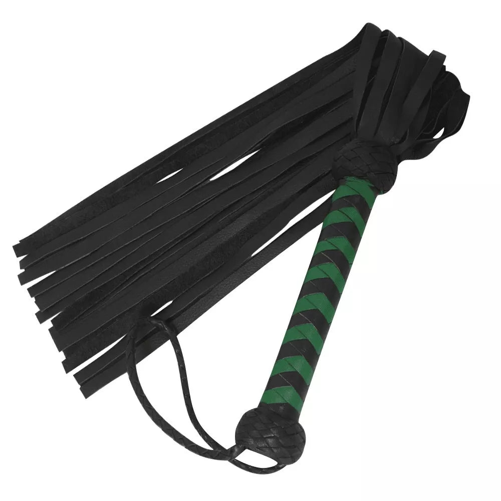 Black and Green Leather Flogger 25 Thick Tails for Deep Thud Impact Play