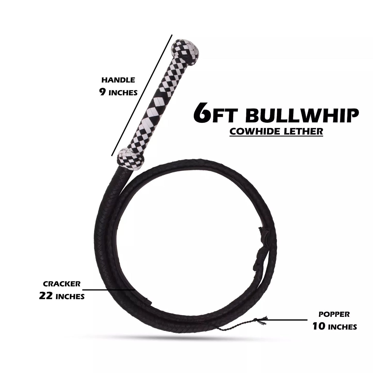 6 Feet Handmade Bullwhip Premium 12 Plait Cowhide Leather with Wooden Core Bullwhips