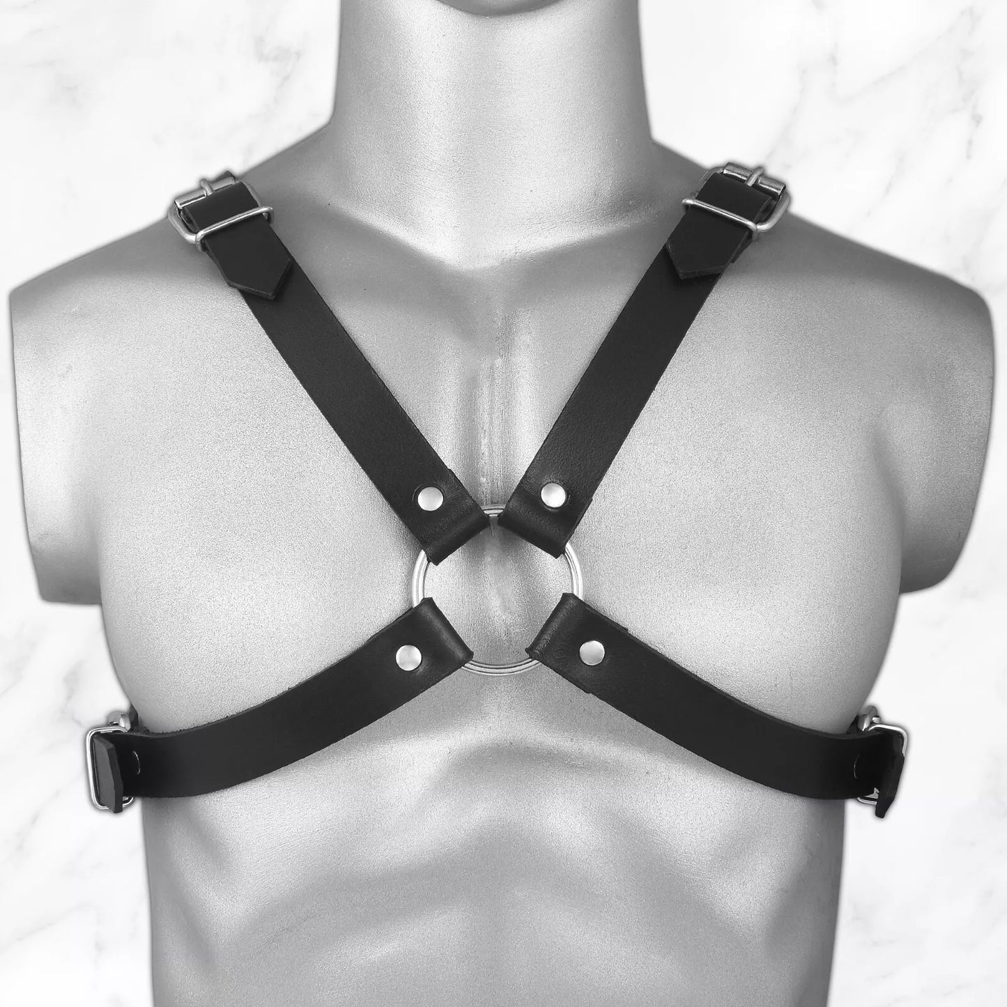 Men s Cowhide Leather Body Chest Harness Belt with O Ring Clubwear Corset