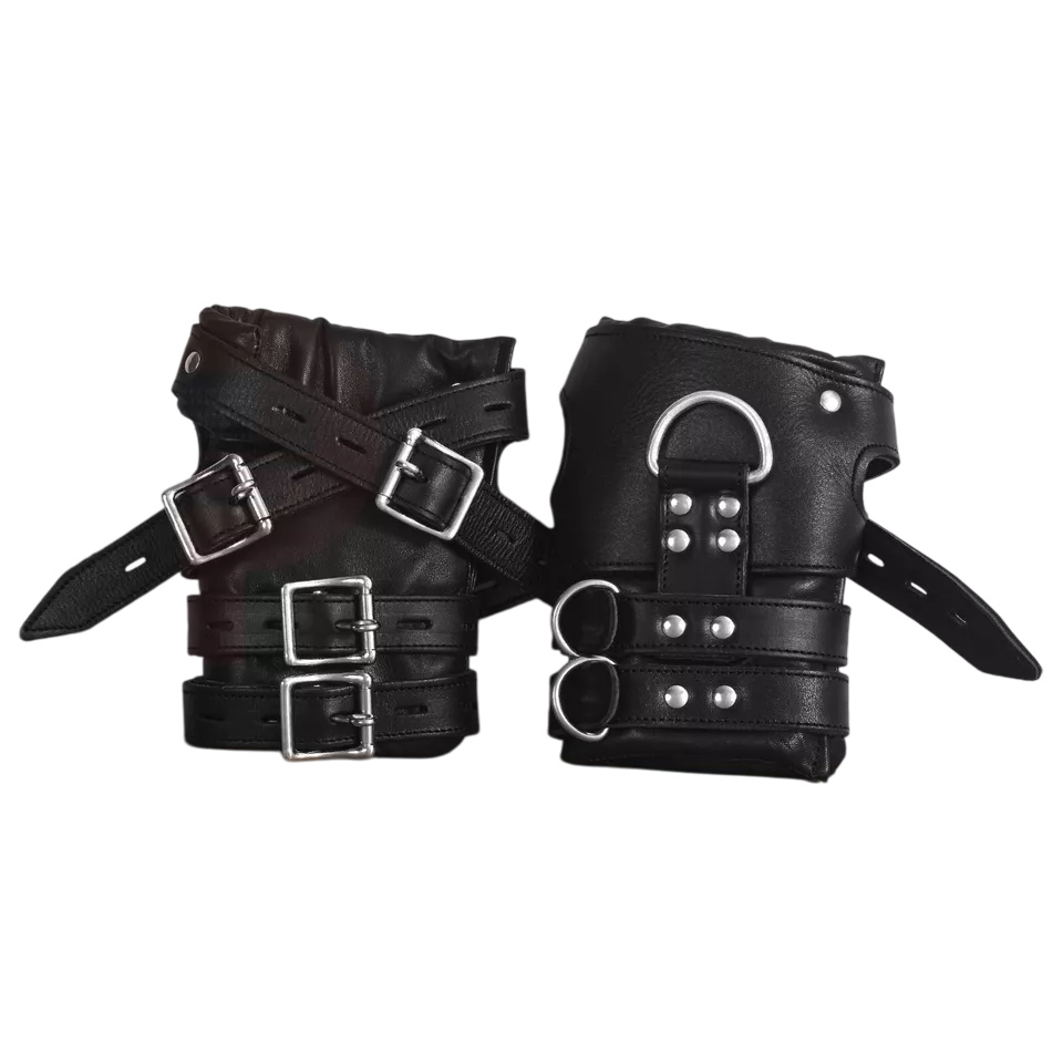 BD*SM Black Leather Wrist Cuffs Heavy Duty Padded Handmade