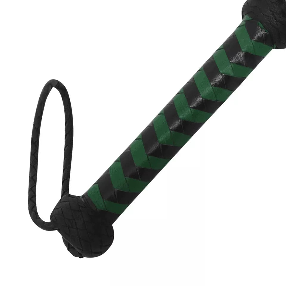 Black and Green Leather Flogger 25 Thick Tails for Deep Thud Impact Play