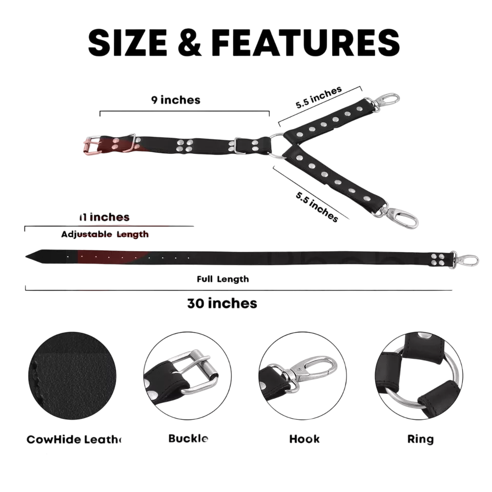 BDSM* Y Shaped Hog Tie Real Cowhide Leather Cuffs with Pin Connector Swivel Snap Clips
