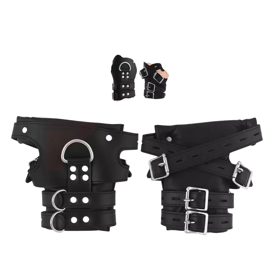 BD*SM Black Leather Wrist Cuffs Heavy Duty Padded Handmade