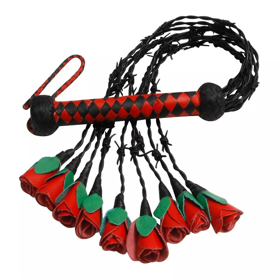 Genuine Cowhide Leather Flogger Thorny Rose Design with 9 Tails Elegant Impactful Whip