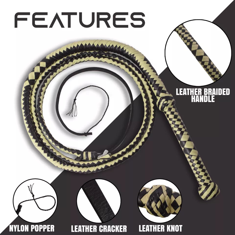 Indiana Jones Genuine Leather Bullwhip Cream Black 8 Feet Long 12 Plait Design