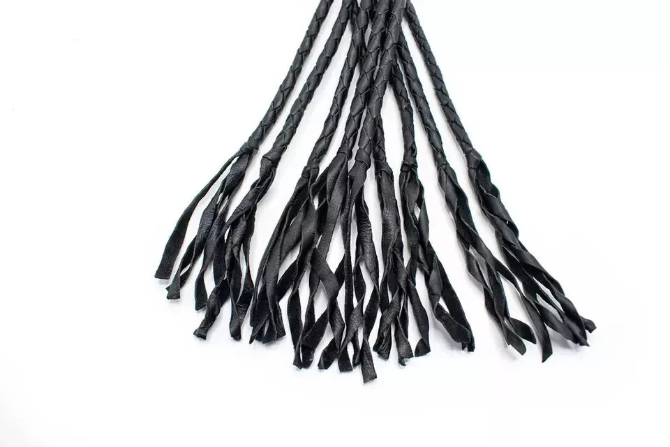 Heavy Duty Genuine Leather Flogger Whip 9 Braided Thick Black Tails for Impact Play