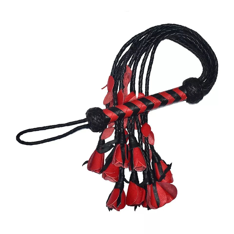 Cowhide Leather Braided Flogger with Handcrafted Red Roses Handmade