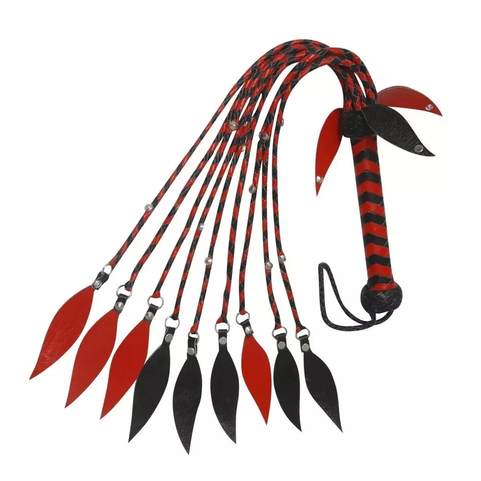 BDSM* Red Genuine Leather Flogger 9 Falls with Steel Studs Leather Handle