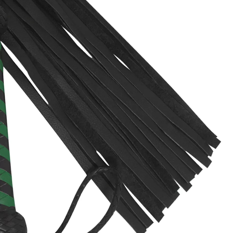 Black and Green Leather Flogger 25 Thick Tails for Deep Thud Impact Play