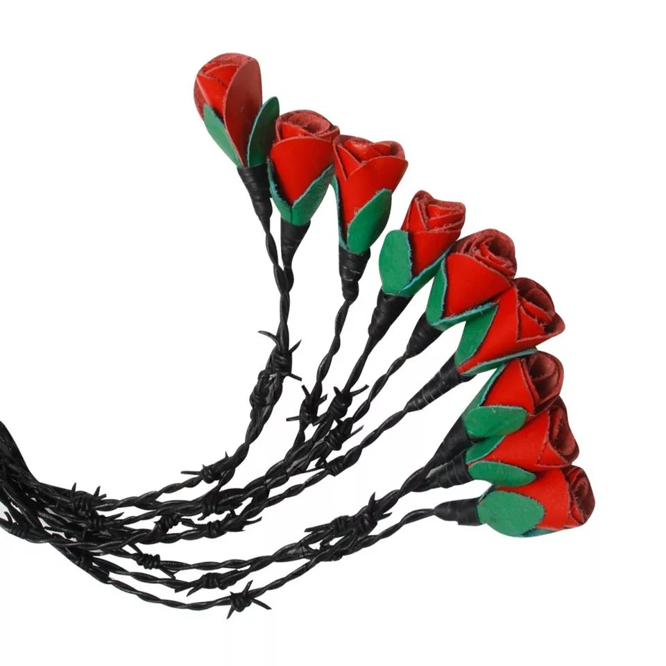 Genuine Cowhide Leather Flogger Thorny Rose Design with 9 Tails Elegant Impactful Whip