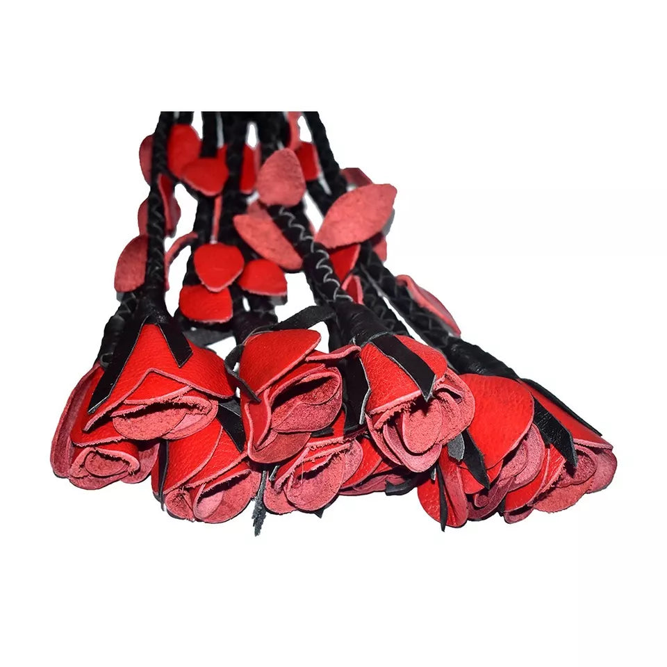 Cowhide Leather Braided Flogger with Handcrafted Red Roses Handmade