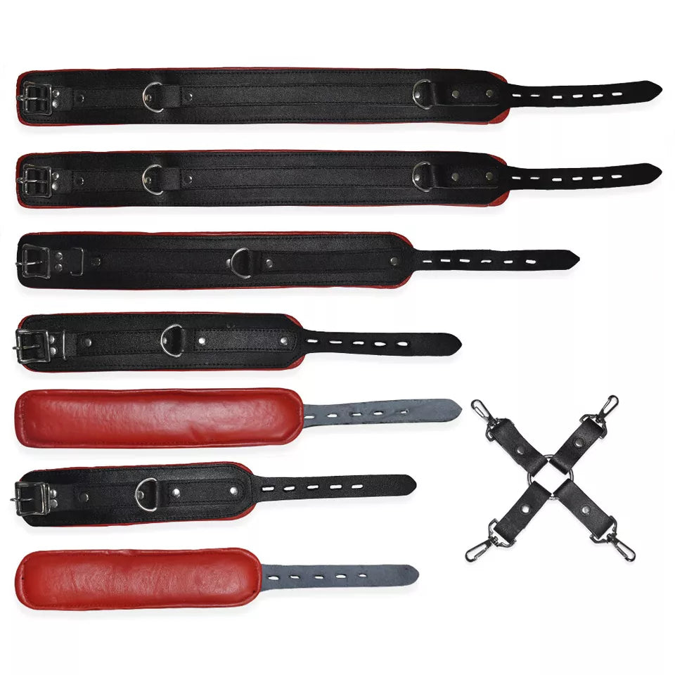 7 Piece BD*SM Genuine Cowhide Leather Set Wrist Ankle Thigh Cuffs Collar Restraints