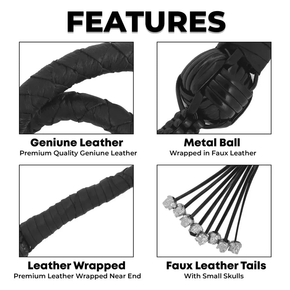 42 Motorcycle Leather Biker Whip Black Skull Design