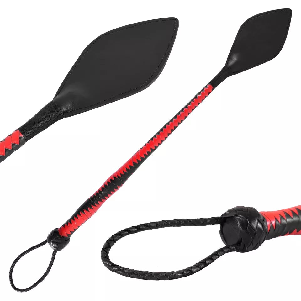 24" Real Leather Riding Crop Whip Black / Red, Functional Horse & Costume Prop
