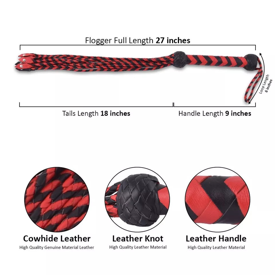 Genuine Cowhide Leather Cat O Nine Tails Braided Falls with Heavy Steel Studs Handmade