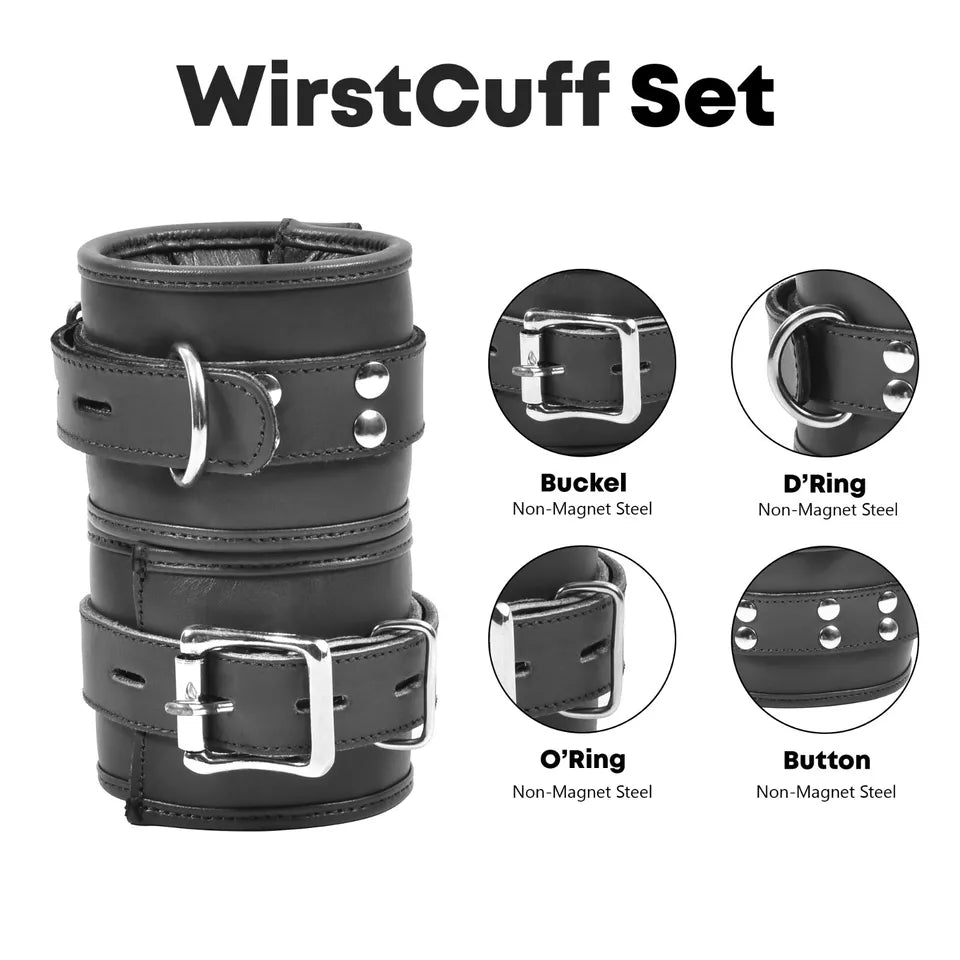 Real Leather BDSM Restraints Wrist Ankle Thigh Cuffs Handmade 7 Pieces Set