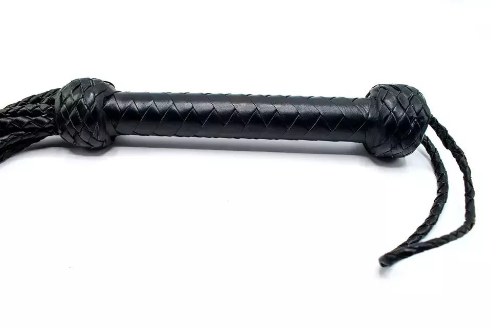 Heavy Duty Genuine Leather Flogger Whip 9 Braided Thick Black Tails for Impact Play