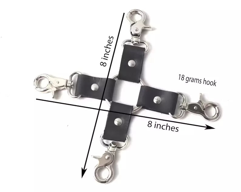 BDSM* 8" Hog Tie Four Way Pin Connector Restraint with Bondage Cuffs Snap Clips