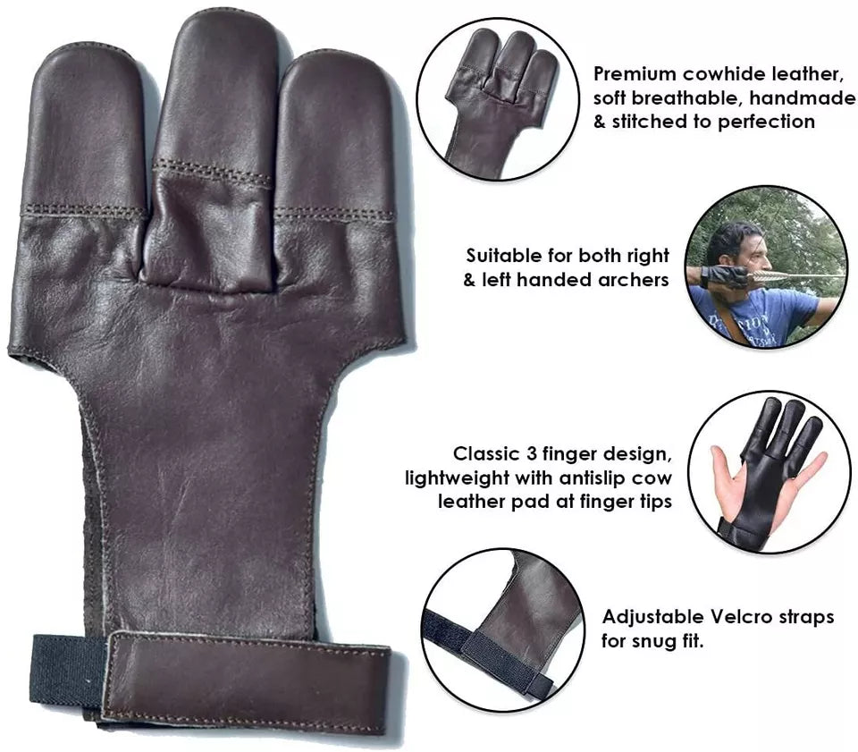 Handmade Leather Archery Glove Three Finger Traditional Shooting Glove