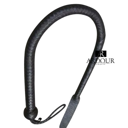 Genuine Black Cowhide Leather Bullwhip with Impact Tail Premium Handcrafted Performance Durability