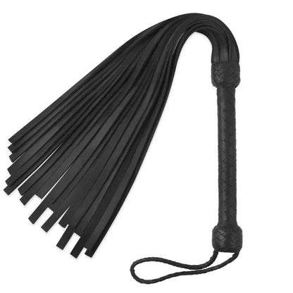 Heavy Duty Black Leather Flogger Whip 18 Thick Rubber Tails for Impact Play