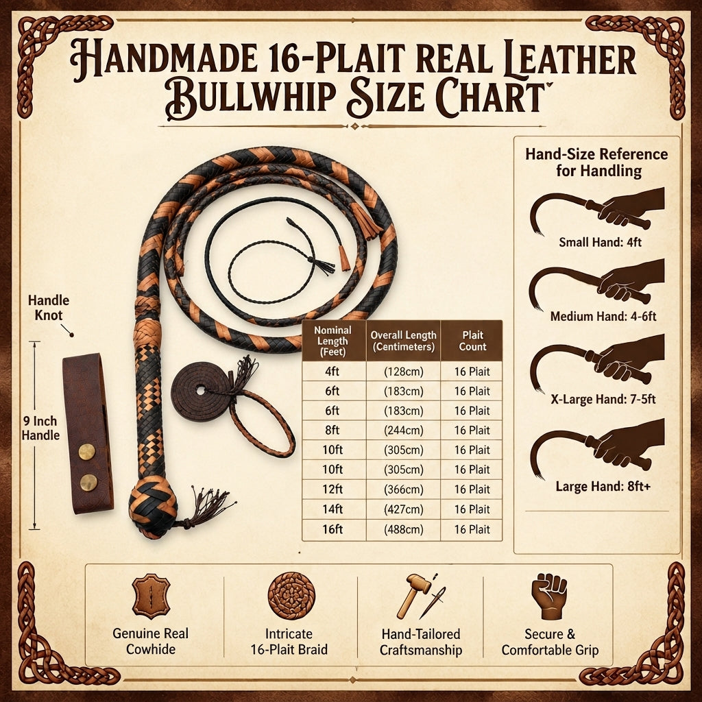 Kangaroo Hide Leather 4 Feet to 16 Feet  Bullwhip 16 Plait Indiana Jones Style Bull Whip