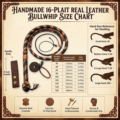 Kangaroo Hide Leather 4 Feet to 16 Feet  Bullwhip 16 Plait Indiana Jones Style Bull Whip