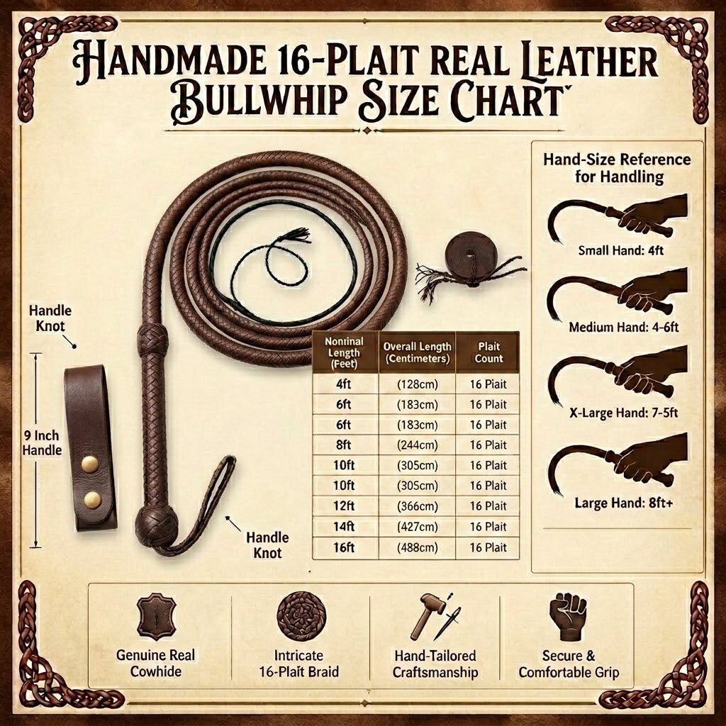 4 Feet to 16 Feet Handmade  Kangaroo Hide Leather Bullwhip 16 Plait Indiana Jones Style Bull whip