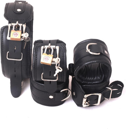 5 Piece Genuine Leather Restraint Set Padded Wrist Ankle Cuffs with Adjustable Neck Collar