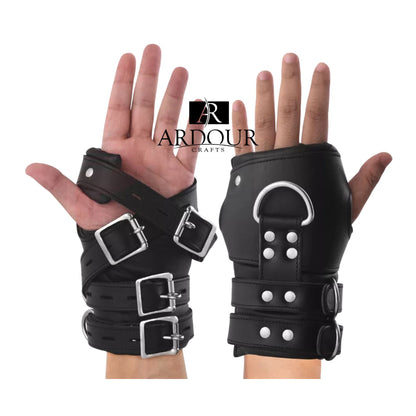 BD*SM Black Leather Wrist Cuffs Heavy Duty Padded Handmade