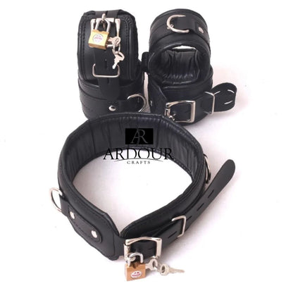 5 Piece Genuine Leather Restraint Set Padded Wrist Ankle Cuffs with Adjustable Neck Collar