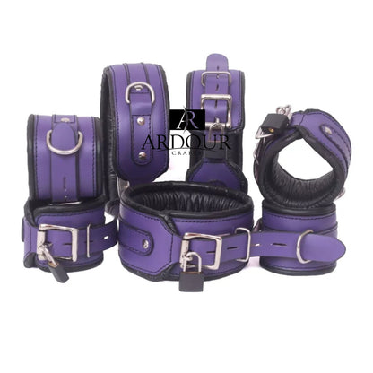 7 Piece Purple Cowhide Leather BD*SM Restraint Set Cuffs Collar Handmade